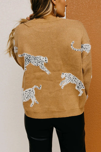 Yolanda® | Camel-colored animal print knit sweater with dropped shoulders