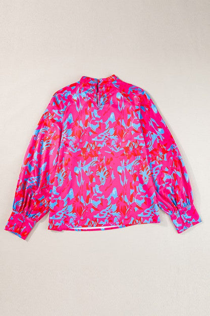 Paz® | Purple printed blouse with a stand-up collar and bubble sleeves