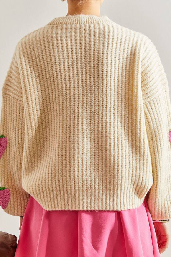 Viviana® | Cute V-neck cardigan sweater in beige, decorated with strawberries