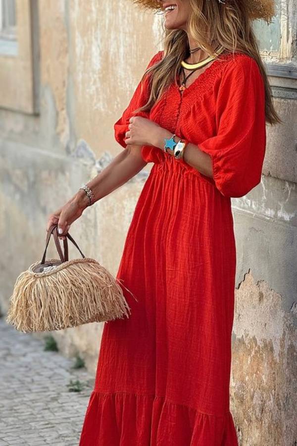 Suzette® | Loose maxi dress with V-neck and ruffles