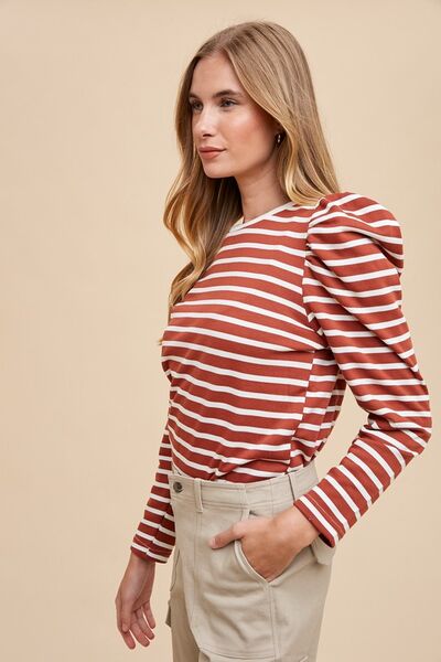 Nadia® | Striped French terry top with a crew neck and puff sleeves