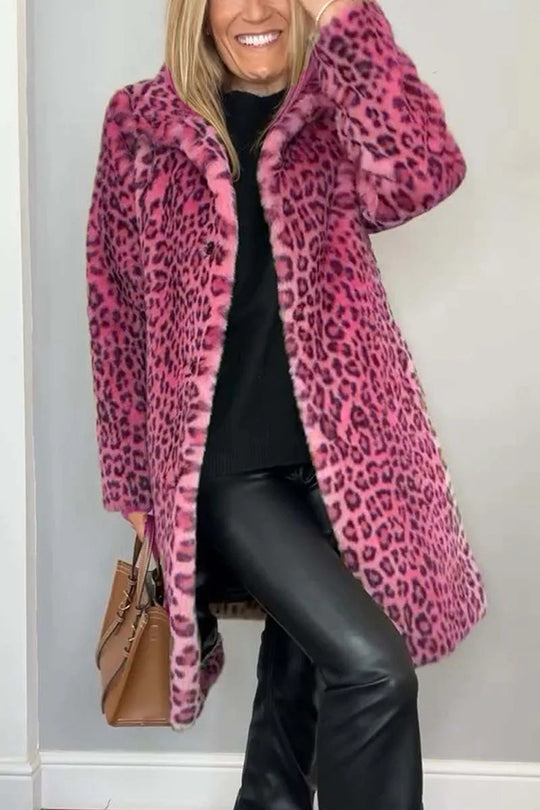 Abigail® | Long sleeve, mid-length plush coat with leopard print lapels