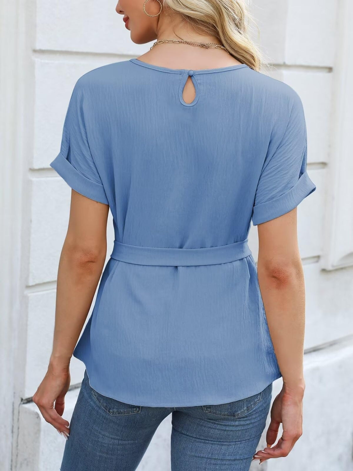 Tamar® | Short-sleeved blouse with a round neckline and tie-ups at the waist