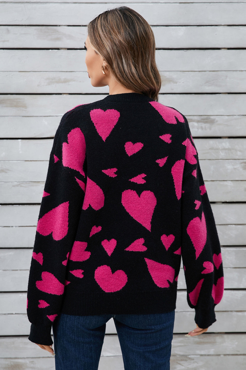 Alida® | Heart contrast crew neck long sleeve sweater