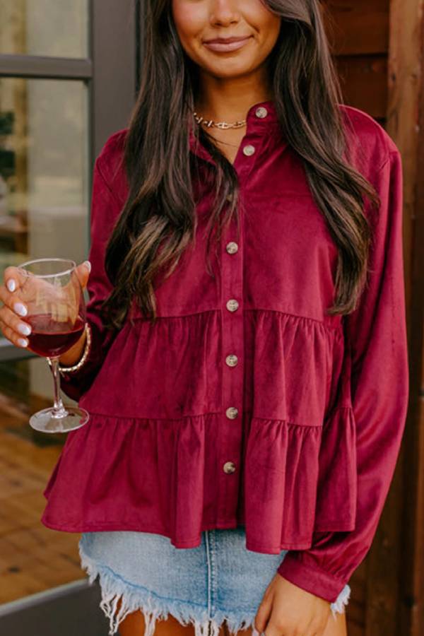 Stephanie® | Burgundy shirt with smocked ruffles and buttons