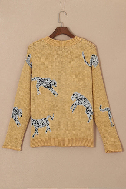 Yolanda® | Camel-colored animal print knit sweater with dropped shoulders