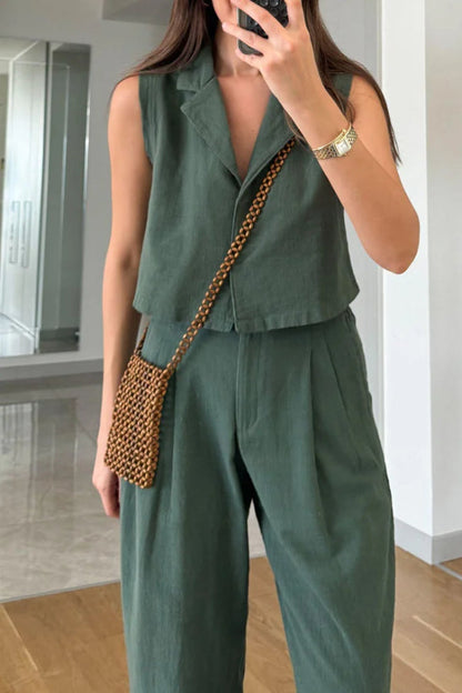 Zelma® | Casual solid color lapel vest and pants two piece set made of cotton linen