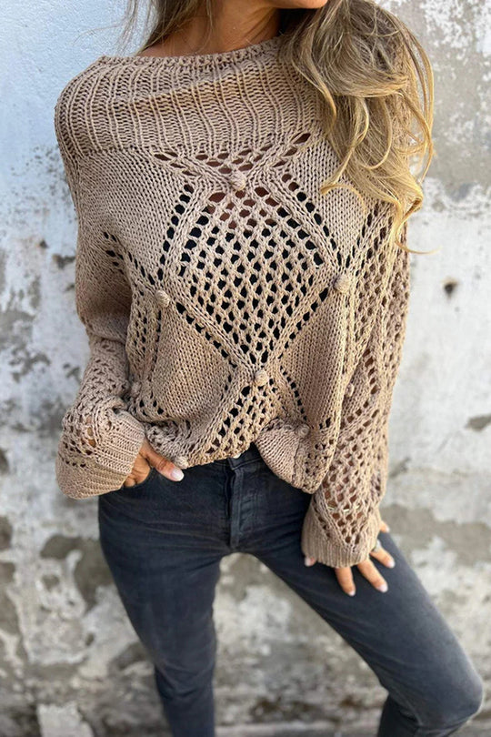 Zulema® | Solid color hollow loose knitted crew neck sweater