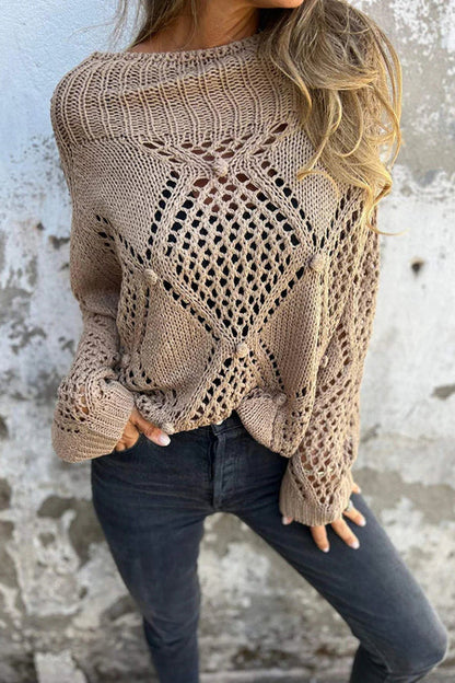 Zulema® | Solid color hollow loose knitted crew neck sweater