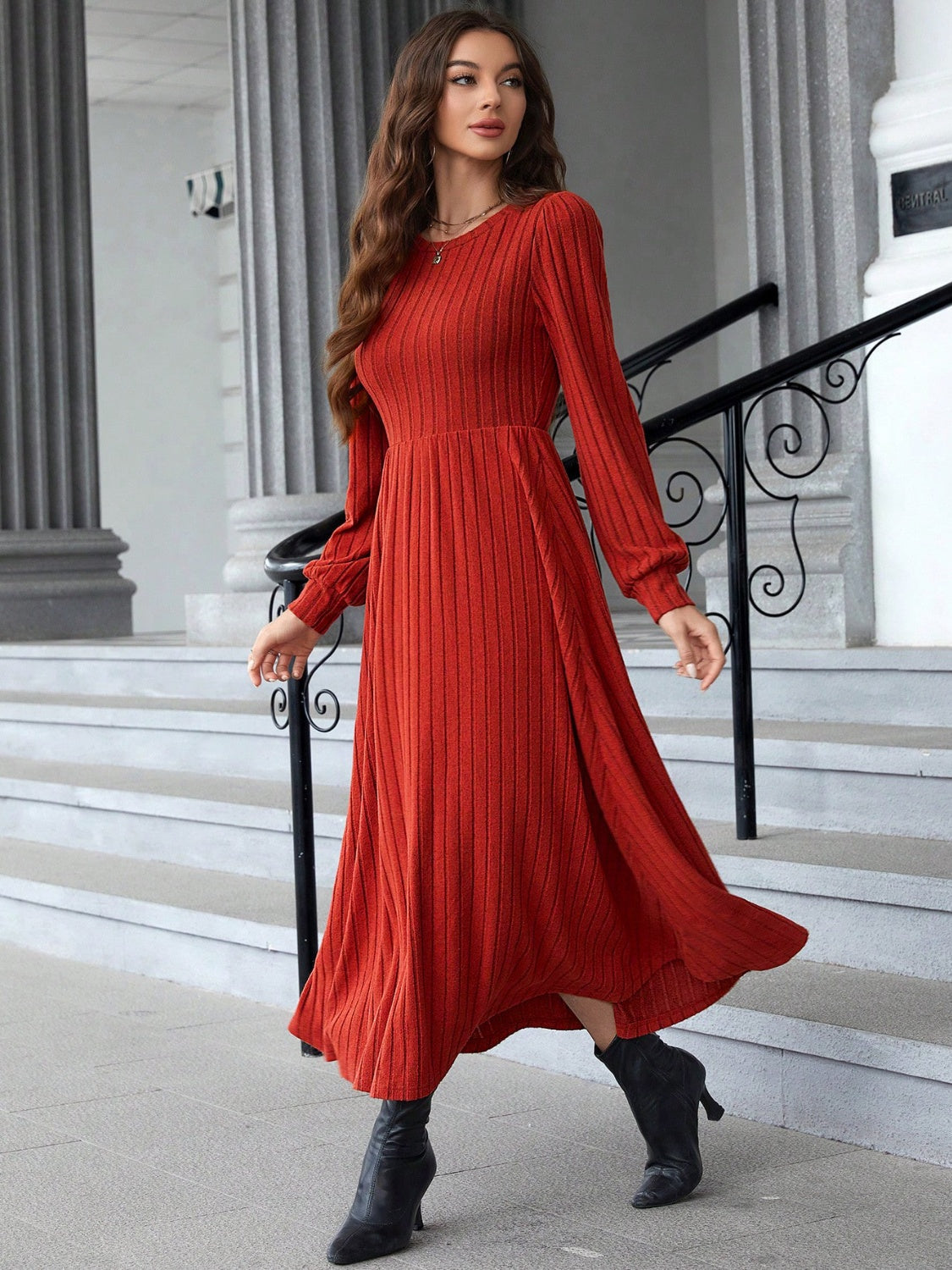 Agnes® | Ribbed long sleeve dress with a crew neck