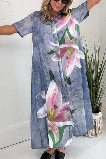 Silvia® | Orchid print shirt maxi dress with faux denim pockets