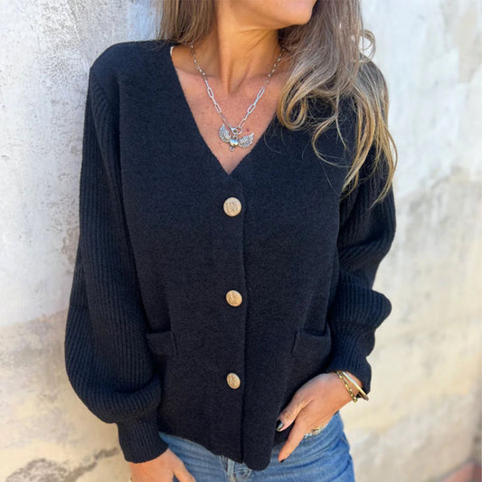 Yadira® | Dark blue plain sweater with V-neck and long sleeves