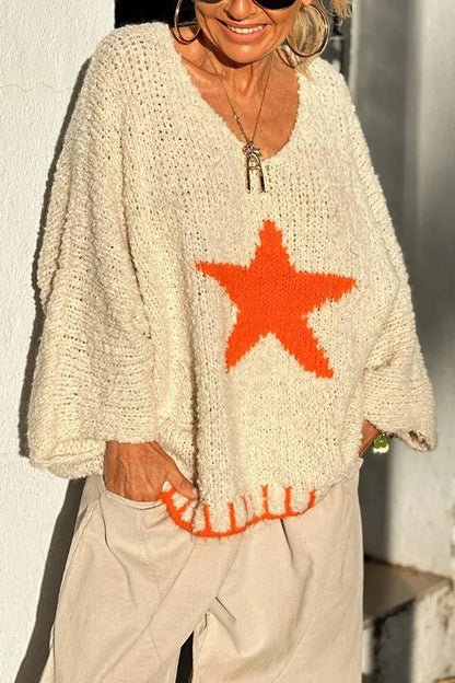 Signe® | Warm winter day texture knitted sweater with star pattern and contrast color