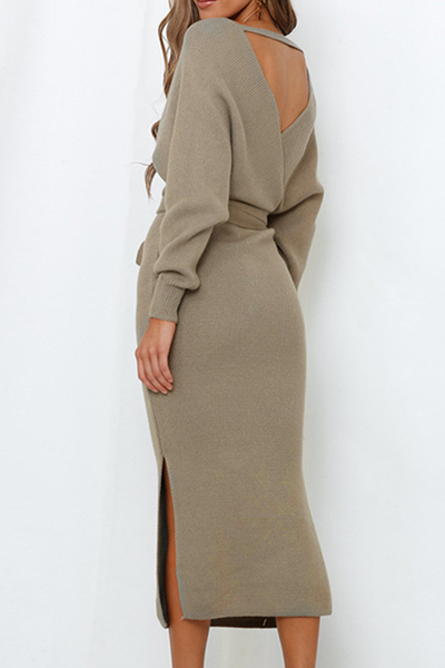 Pilar® | Casual elegant solid backless slit strap design with V-neck pencil skirt