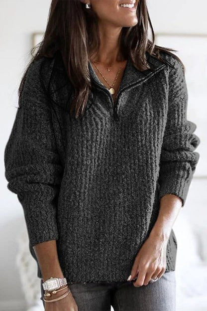 Ivette® | Casual solid sweater with zip and collar