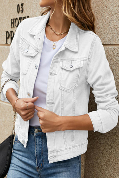 Jesica® | Street-chic, solid color, long-sleeved denim jacket with turn-down collar and regular pocket