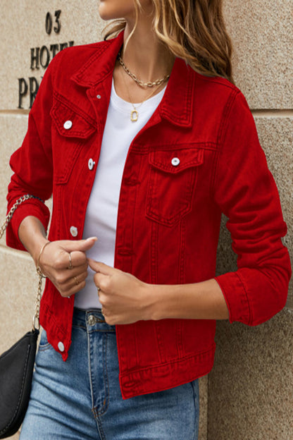 Jesica® | Street-chic, solid color, long-sleeved denim jacket with turn-down collar and regular pocket