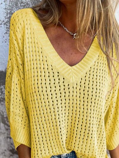 Virginia® | Full Size Plus Size V Neck Openwork Knit Cover Up