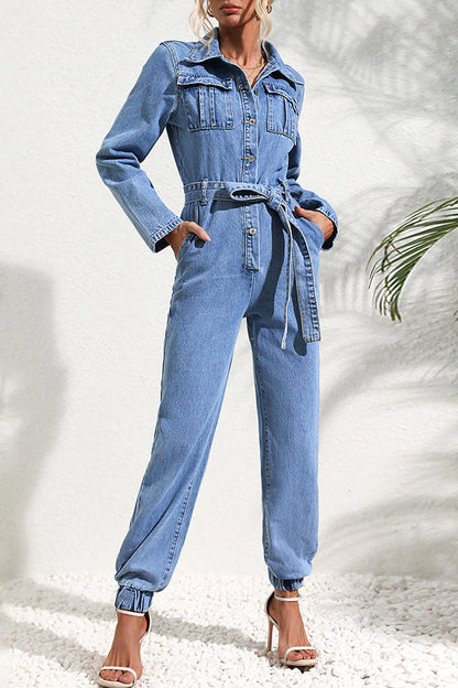 Yadira® | Casual Street Solid Bandage Pocket Turndown Collar Long Sleeve Regular Denim Jumpsuits