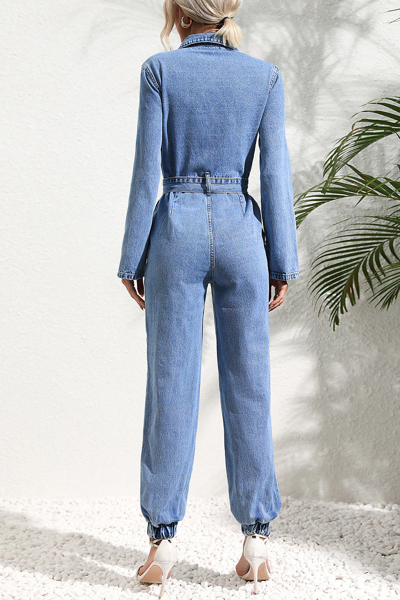 Yadira® | Casual Street Solid Bandage Pocket Turndown Collar Long Sleeve Regular Denim Jumpsuits