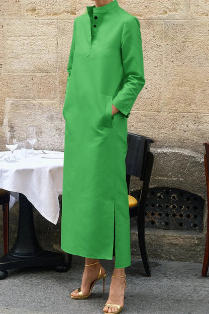 Zulema® | Casual solid color long sleeve dresses with stand-up collar and pockets