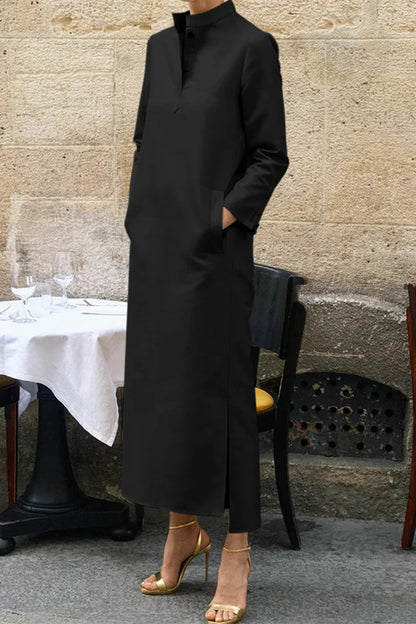 Zulema® | Casual solid color long sleeve dresses with stand-up collar and pockets