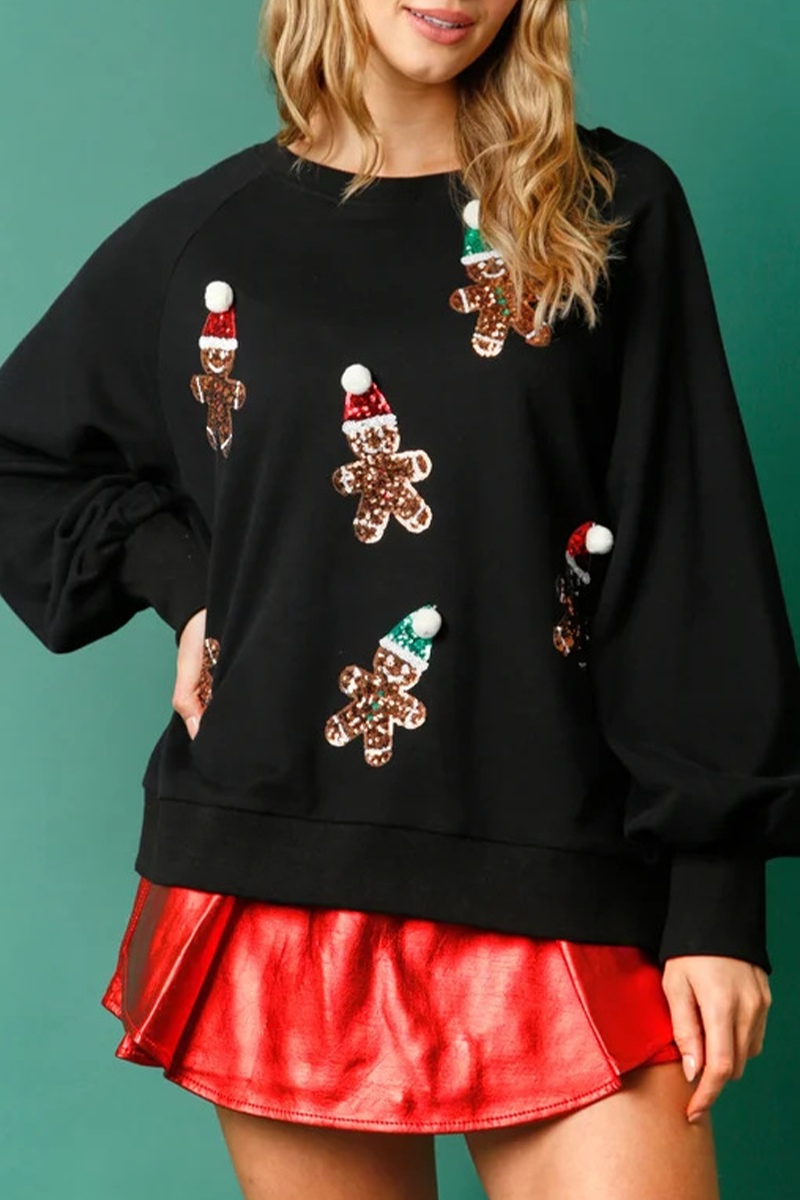 Alejandra® | Casual Cute Santa Claus Sequin Patch O-Neck Tops