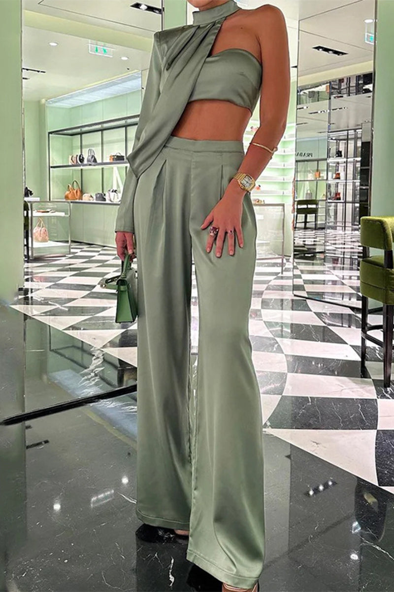 Solea® | Elegant solid backless asymmetrical halter long sleeve two piece suit