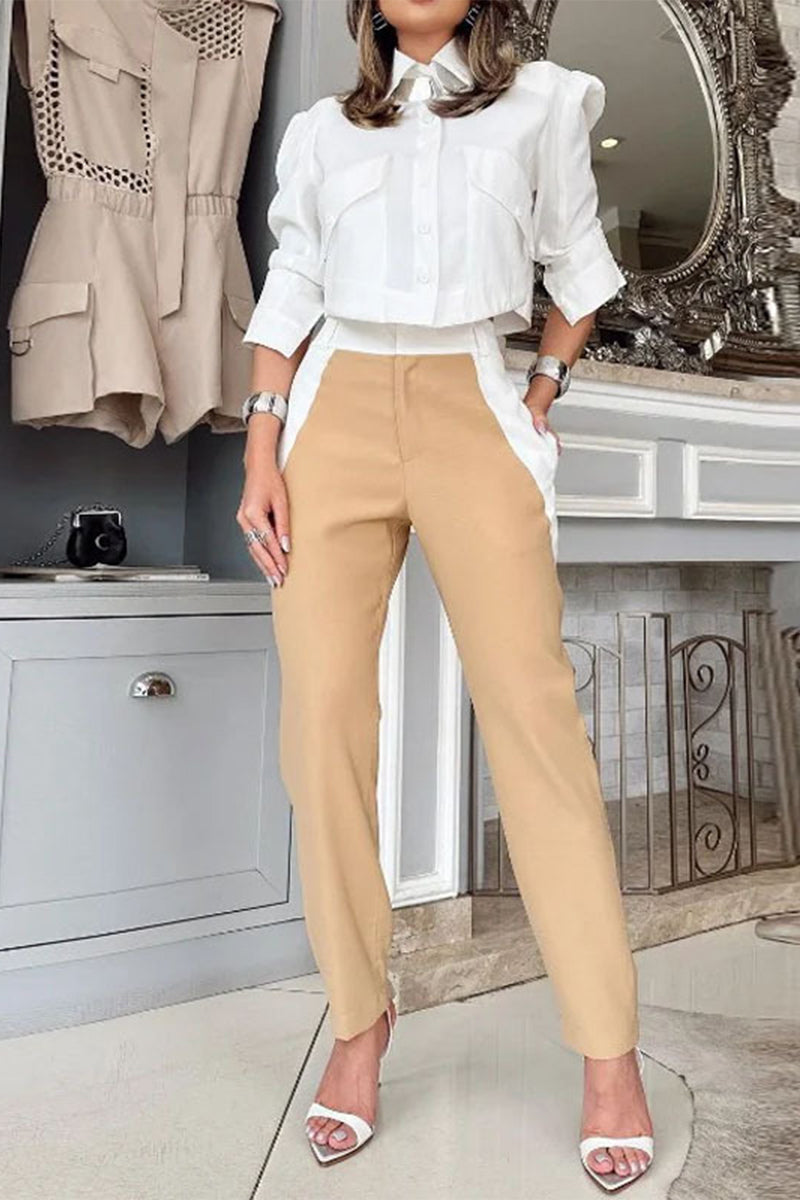 Talia® | Casual British style color block pocket contrast turn-down collar long sleeve two piece suit