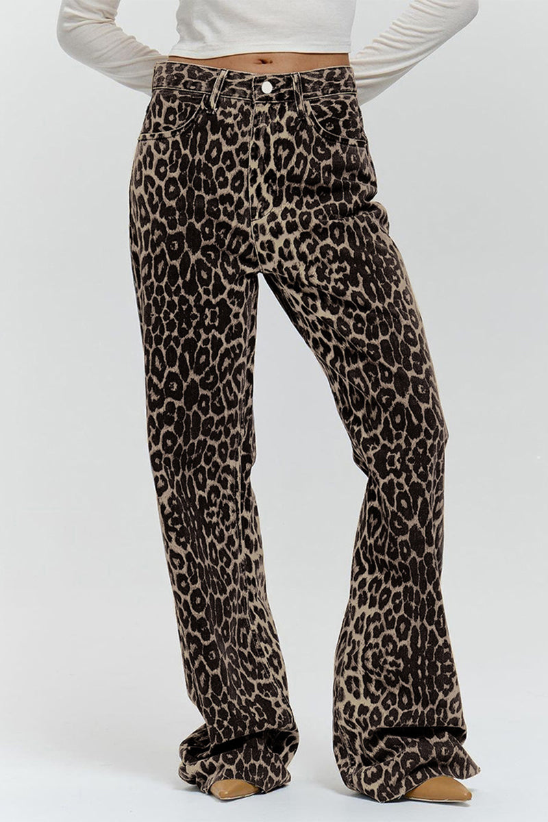 Amparo® | Street print leopard buttons loose mid-rise straight full printed pants