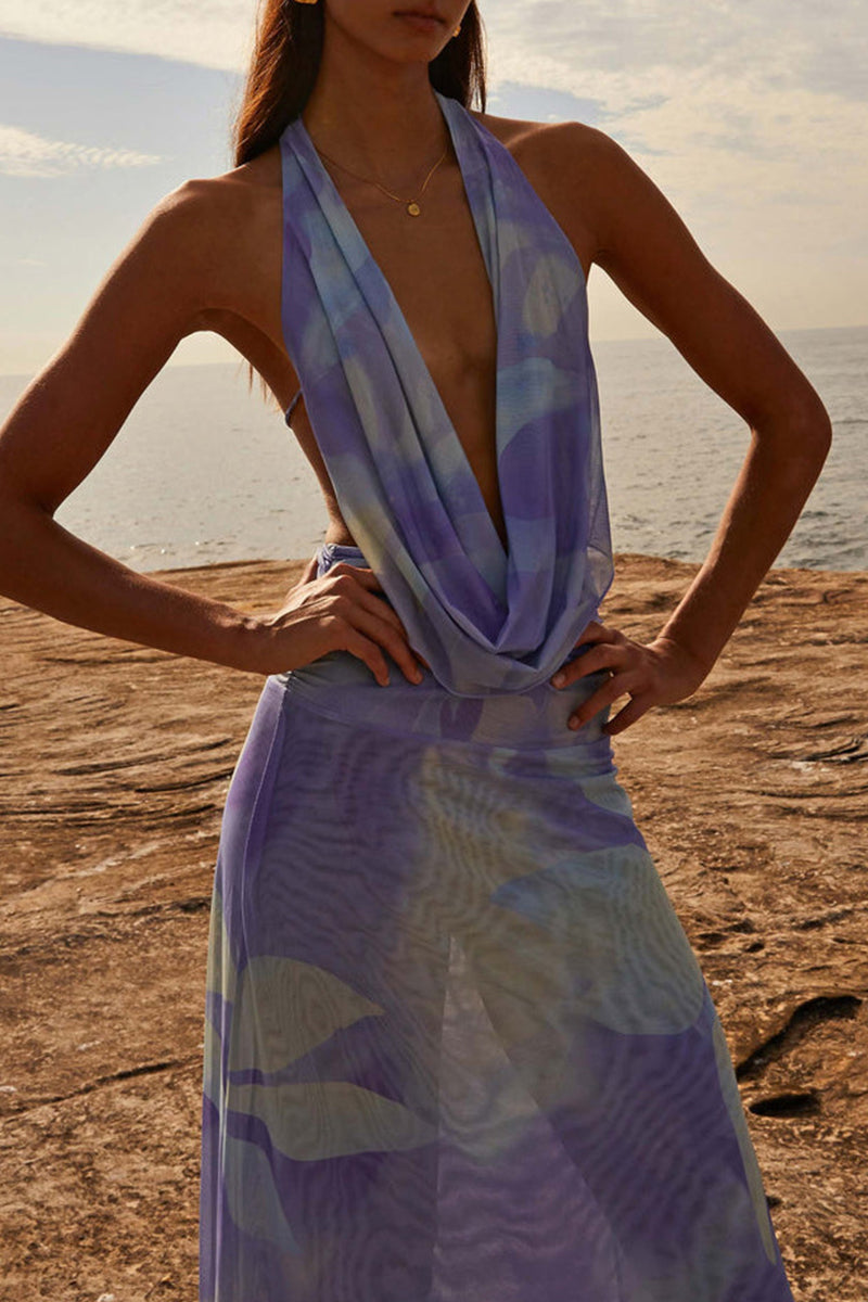 Teresa® | Sexy backless, sleeveless two-piece with gradual alternating print and shawl collar