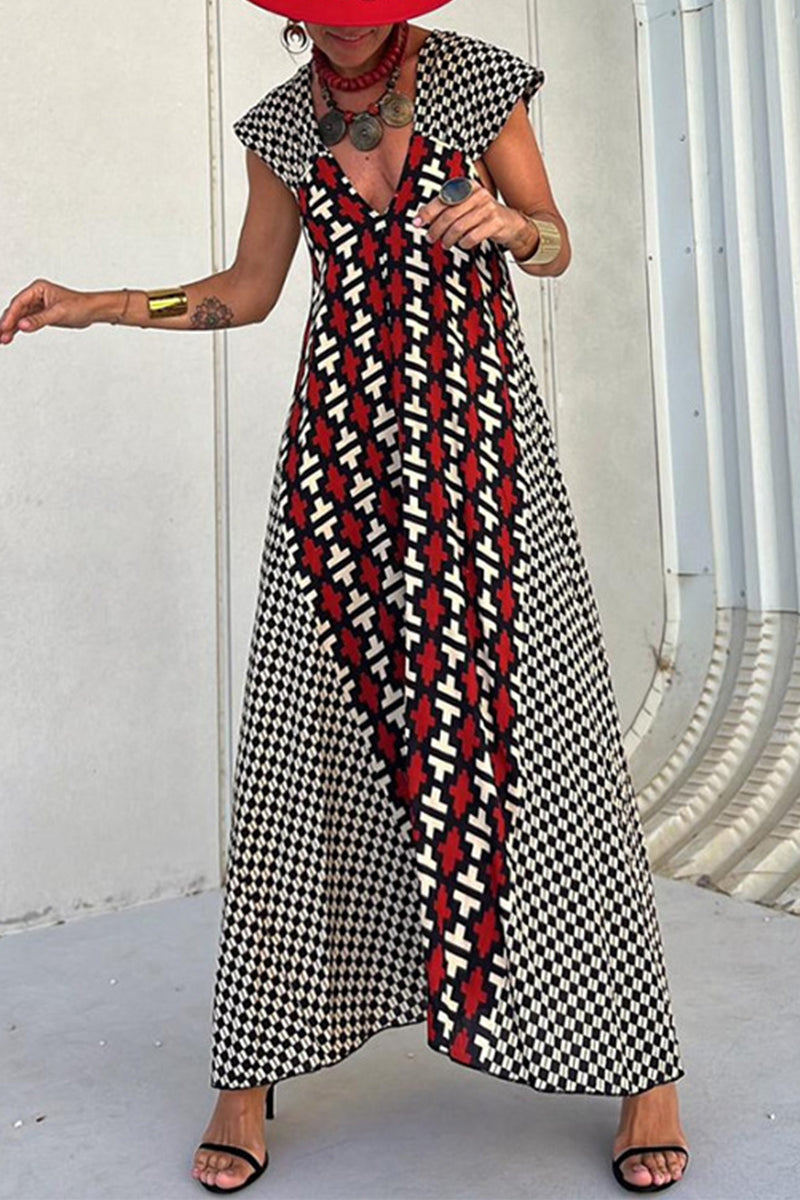 Natividad® | Casual Vintage Geometric Print Wavy Backless Asymmetrical V Neck Printed Dresses