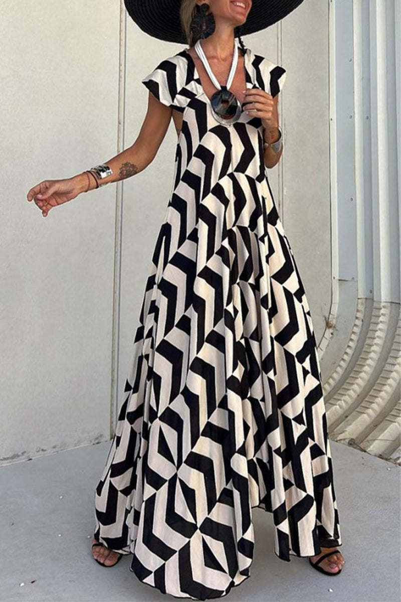 Natividad® | Casual Vintage Geometric Print Wavy Backless Asymmetrical V Neck Printed Dresses