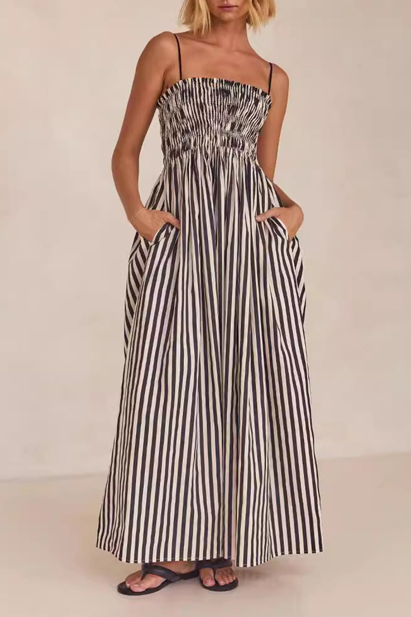 Zenaida® | Casual striped sling dresses with pocket pleats