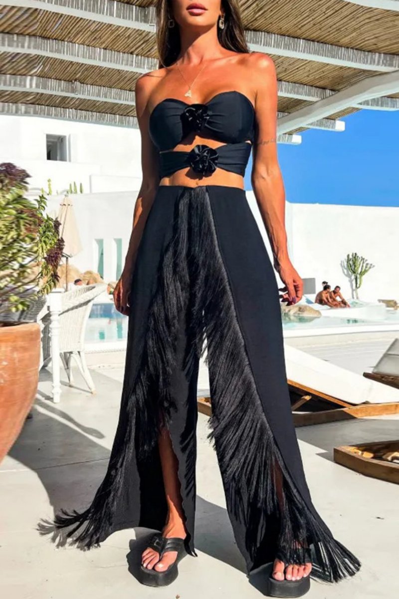 Susana® | Sexy Casual Solid Tassel Hollow Out Backless Slit Strapless Sleeveless Two Piece Set