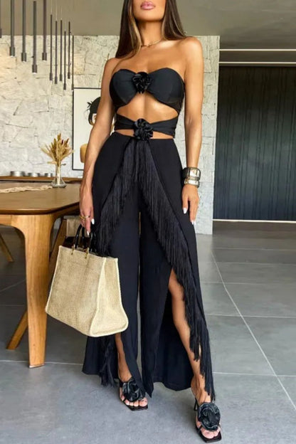 Susana® | Sexy Casual Solid Tassel Hollow Out Backless Slit Strapless Sleeveless Two Piece Set