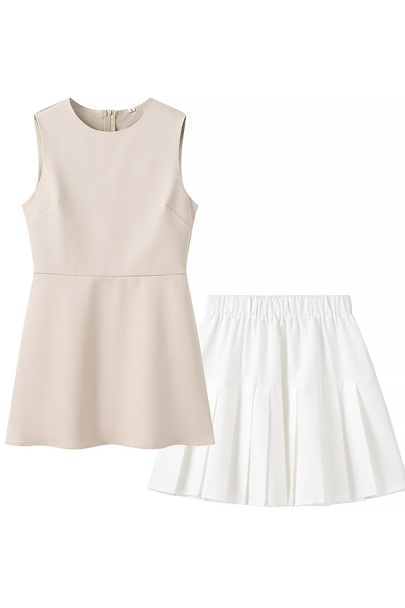 Pilar® | Elegant Celebrity Solid Color Pleated Sleeveless O-Neck Two Piece Set