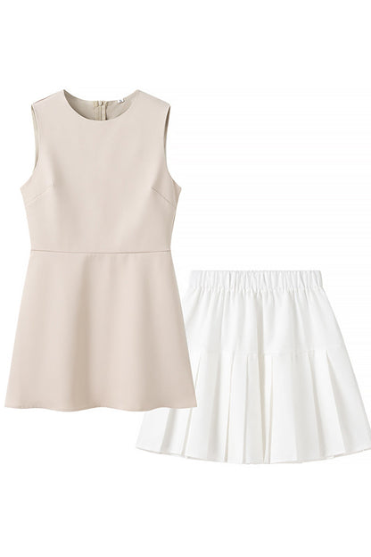 Pilar® | Elegant Celebrity Solid Color Pleated Sleeveless O-Neck Two Piece Set