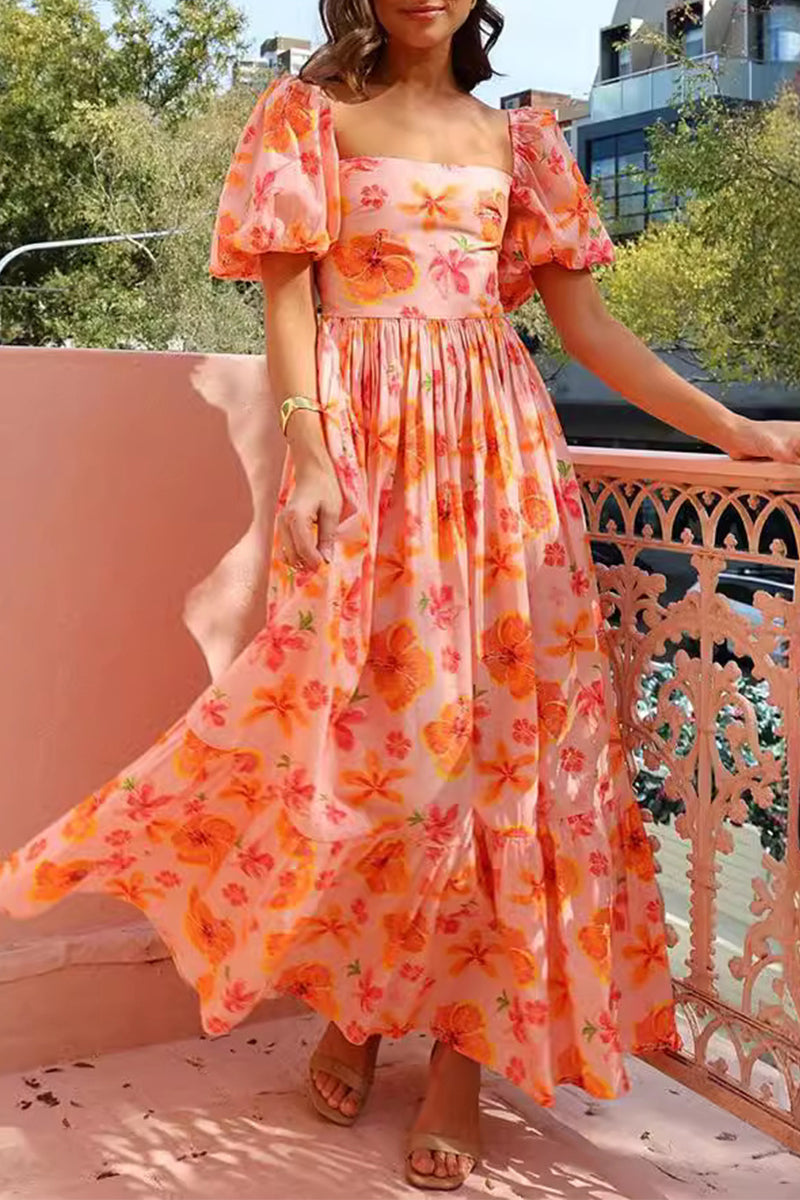 Xandra® | Elegant floral A-line dresses with folded square collar