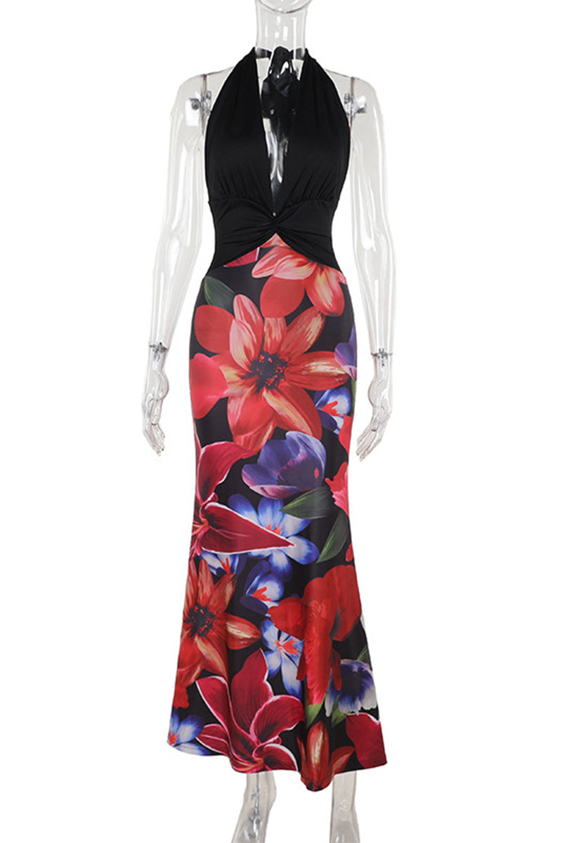 Trinidad® | Sexy floral non-positioning printed backless halter dress with one tier skirt