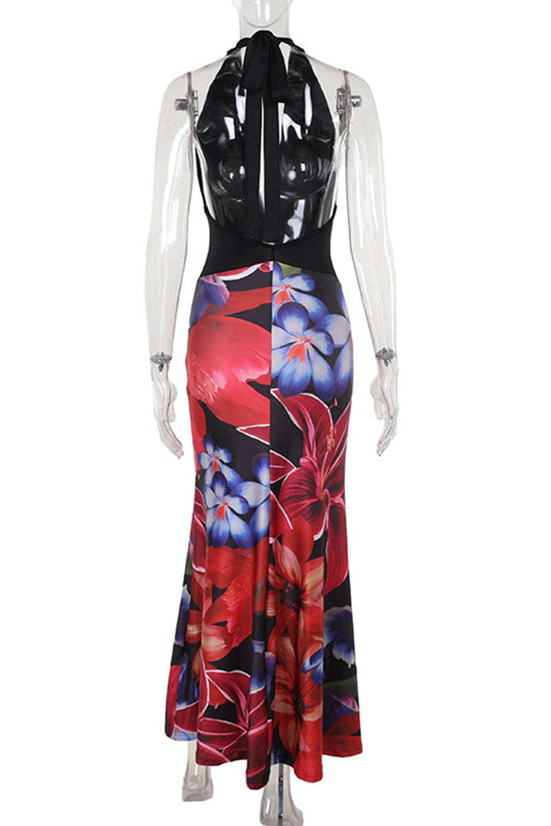 Trinidad® | Sexy floral non-positioning printed backless halter dress with one tier skirt