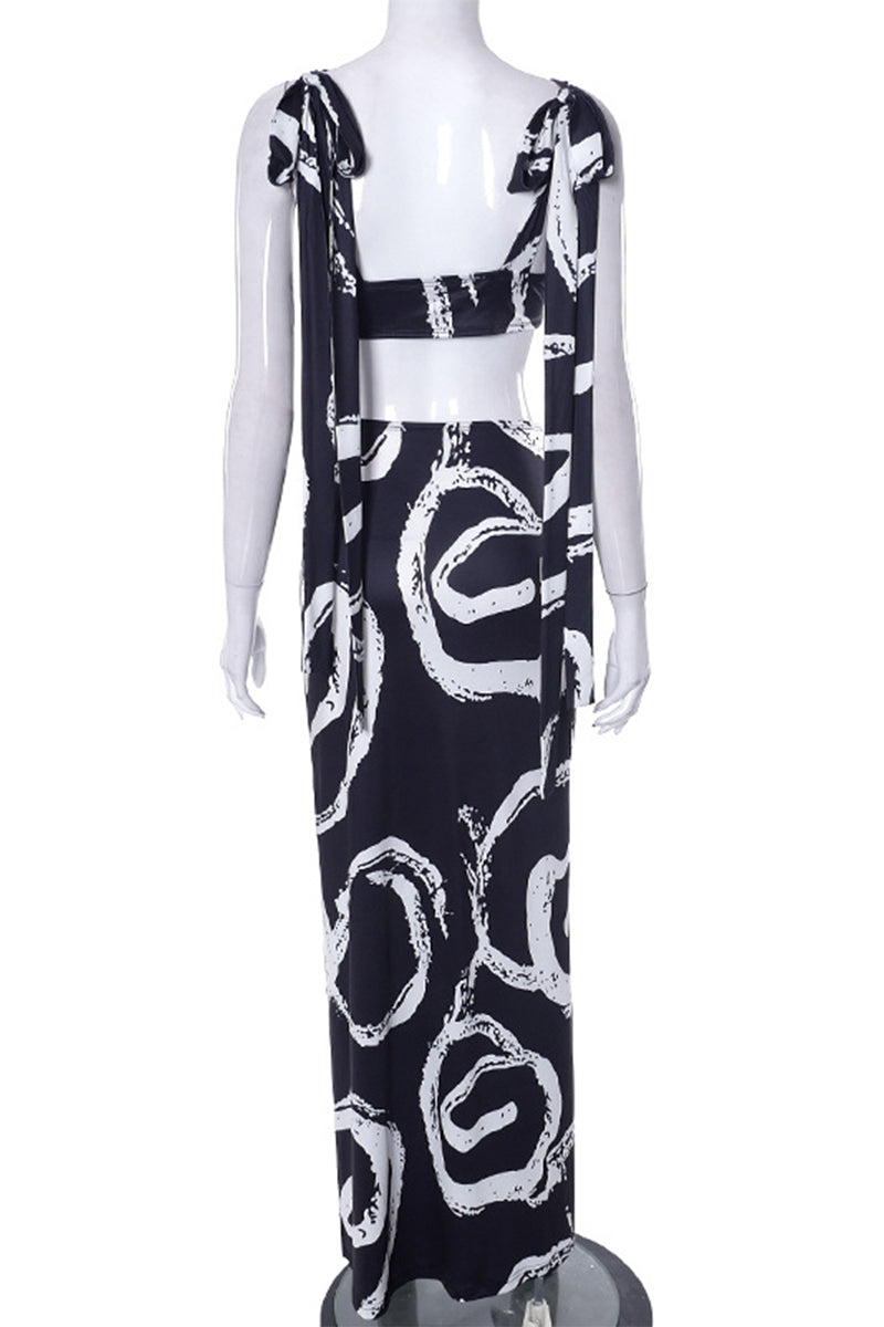 Wilma® | Sexy casual sleeveless two piece suit with geometric print, drawstring, contrast V-neck