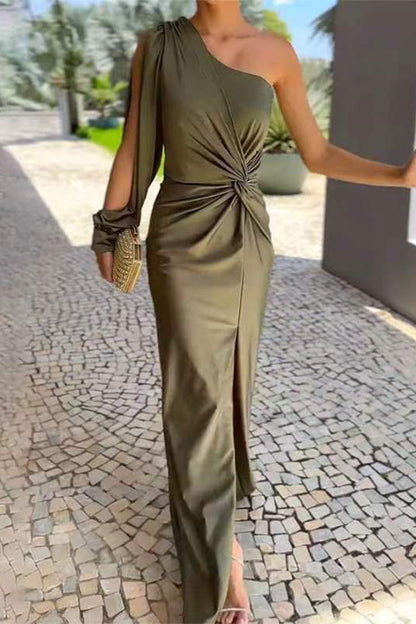 Tatiana® | Sexy solid color ruched knotted long dresses with slant shoulder and slit