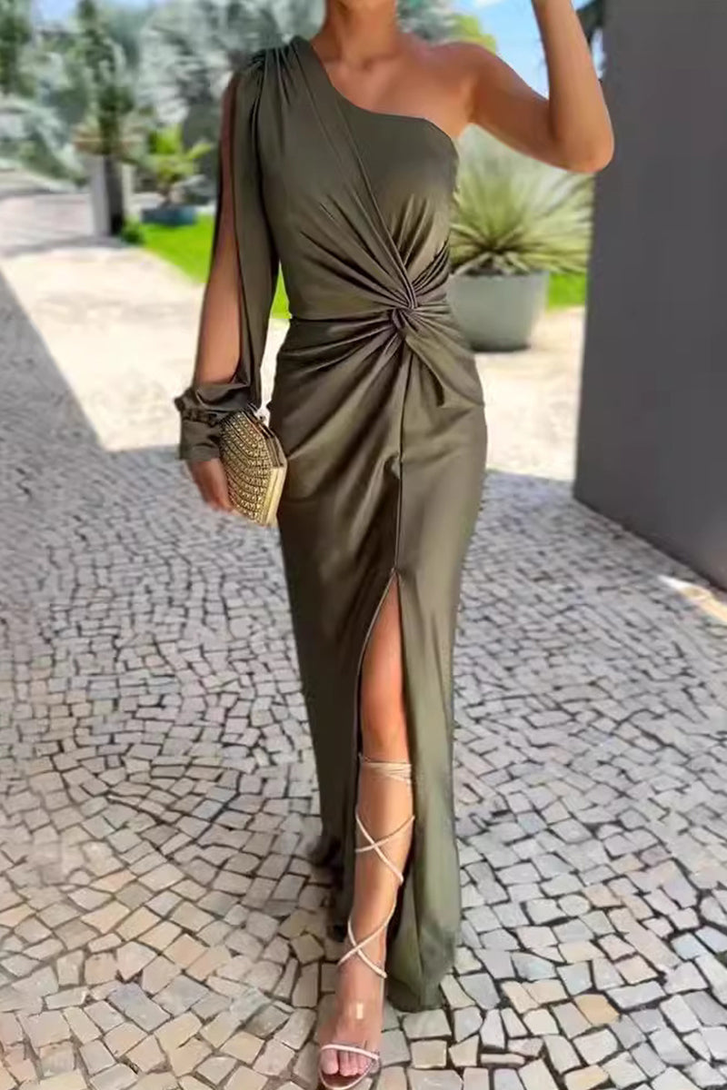 Tatiana® | Sexy solid color ruched knotted long dresses with slant shoulder and slit