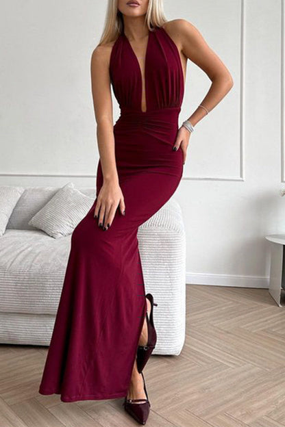 Zaira® | Sexy solid color backless ruched halter neck evening dresses