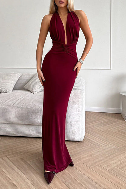 Zaira® | Sexy solid color backless ruched halter neck evening dresses