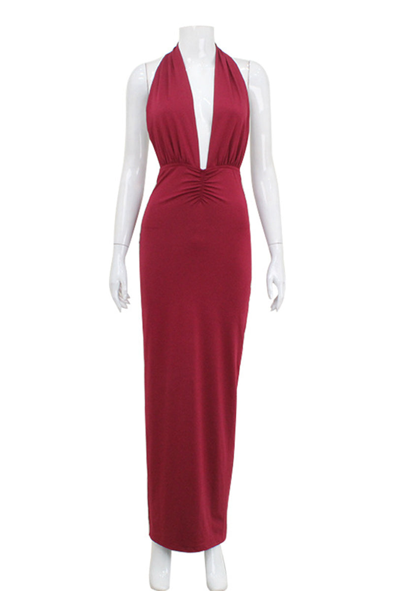 Zaira® | Sexy solid color backless ruched halter neck evening dresses