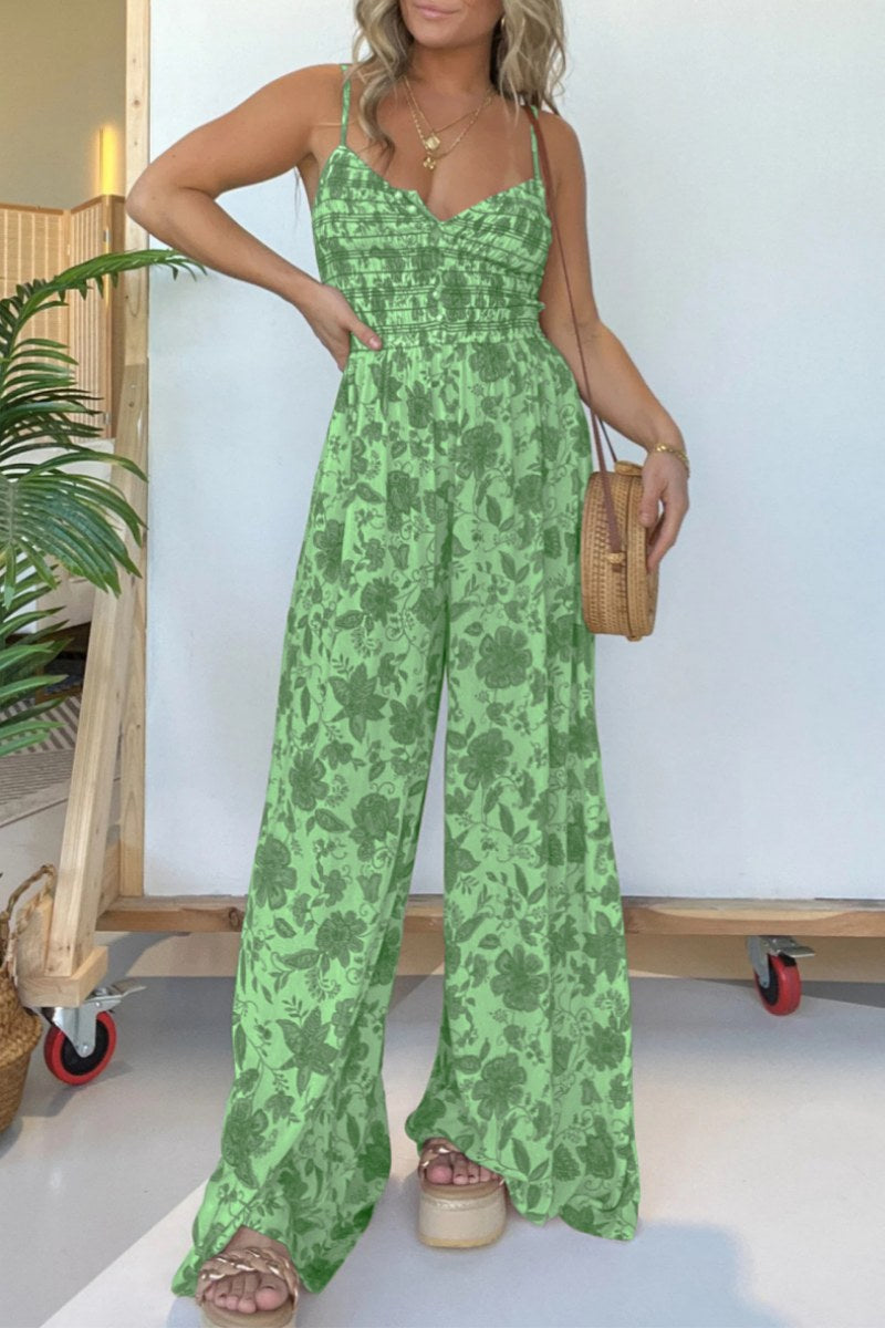 Victoria® | Casual Backless Floral Print Spaghetti Strap Regular Jumpsuit (6 Colors)