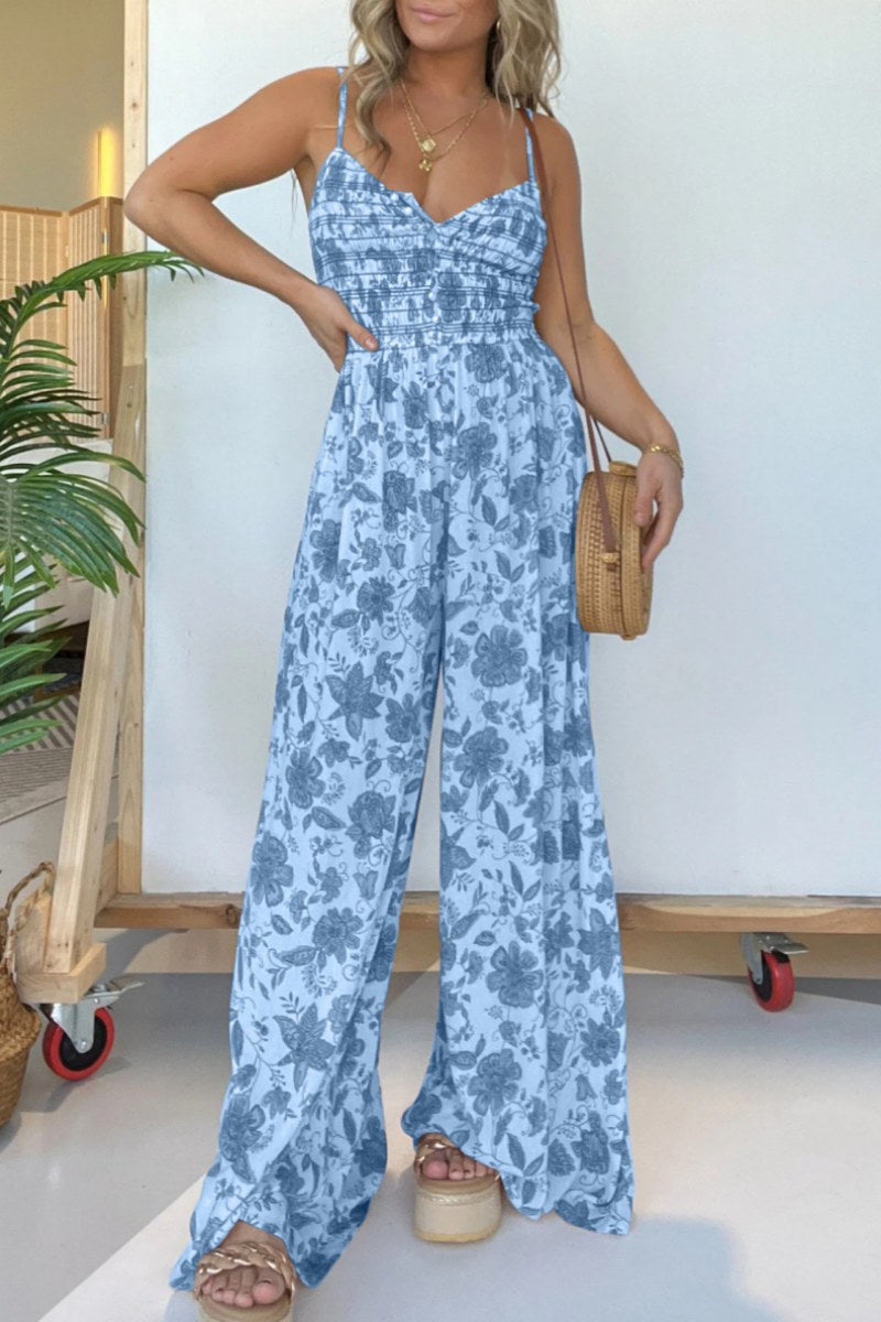 Victoria® | Casual Backless Floral Print Spaghetti Strap Regular Jumpsuit (6 Colors)