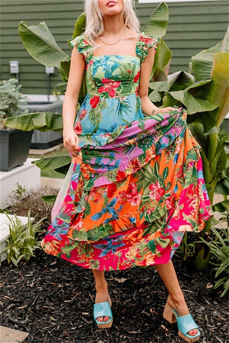 Nadia® | Casual long dresses with floral print, patchwork, backless, square neckline